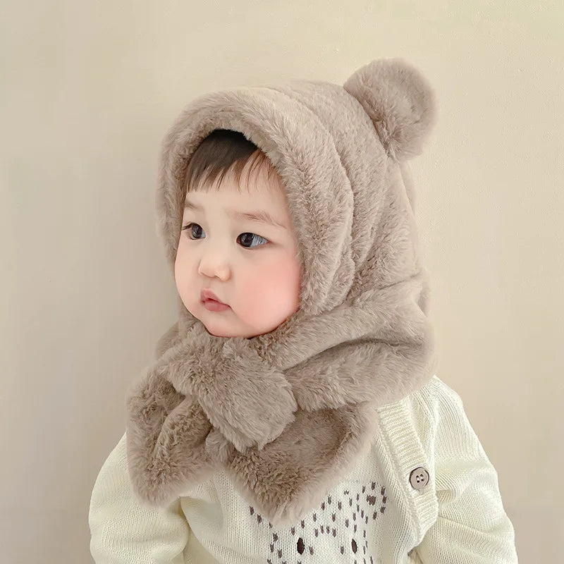 Chapeau Bébé Hiver & écharpe en  Fausse piece de Fourrure  d'ours pour fille et garçon