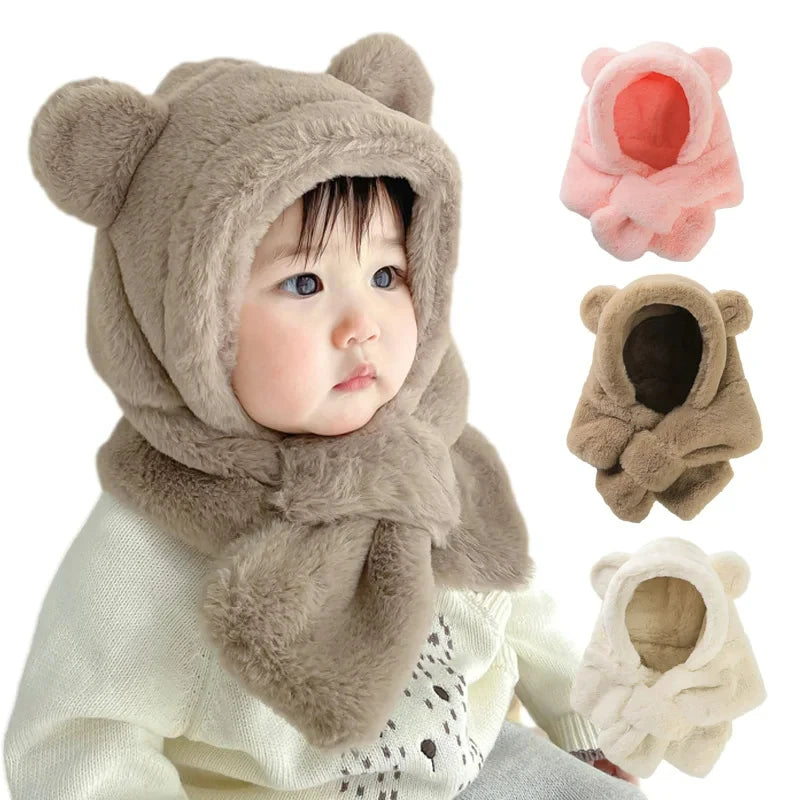 Chapeau Bébé Hiver & écharpe en  Fausse piece de Fourrure  d'ours pour fille et garçon