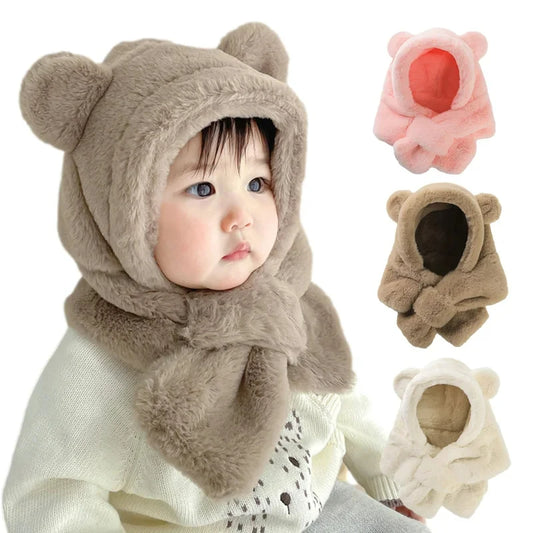 Chapeau Bébé Hiver & écharpe en  Fausse piece de Fourrure  d'ours pour fille et garçon