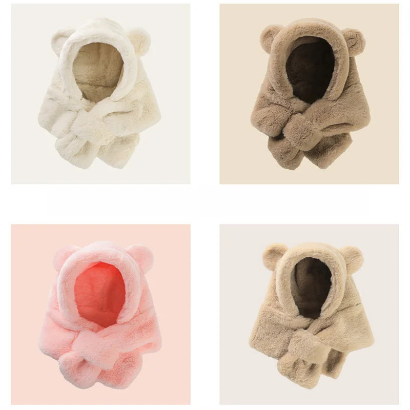 Chapeau Bébé Hiver & écharpe en  Fausse piece de Fourrure  d'ours pour fille et garçon