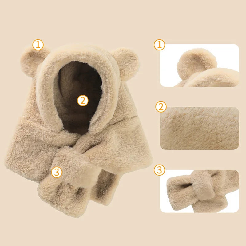 Chapeau Bébé Hiver & écharpe en  Fausse piece de Fourrure  d'ours pour fille et garçon