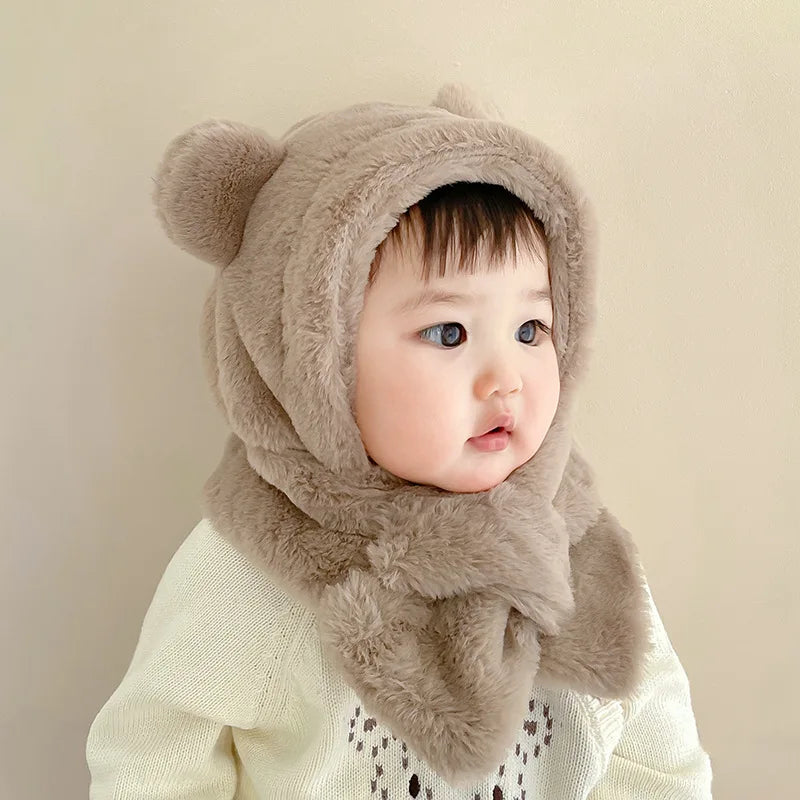 Chapeau Bébé Hiver & écharpe en  Fausse piece de Fourrure  d'ours pour fille et garçon